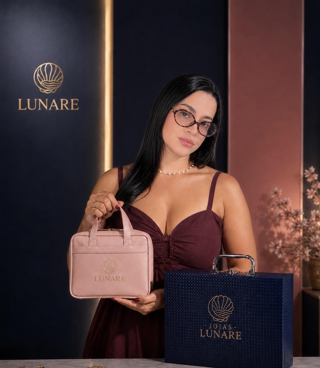 Sabrina apresentando a bolsa, a maleta e as semijoias Joias Lunare